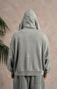 เสื้อฮู้ดซิปโอเวอร์ไซส์ทรงครอป ผ้าฝ้ายเฟรนช์เทอร์รี่ สีพื้น สำหรับผู้ชาย สวมใส่สบายๆ ในฤดูใบไม้ร่วง  รับสั่งทำโลโก้ปัก OEM  กระเป๋าปักลาย - Product Image 4