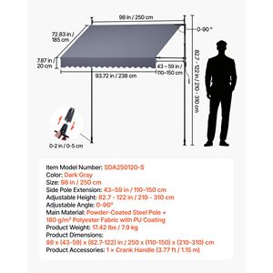 Auvent de terrasse rétractable manuel 98 pouces, abri solaire réglable en hauteur avec projection maximale de 5 m - Product Image 2