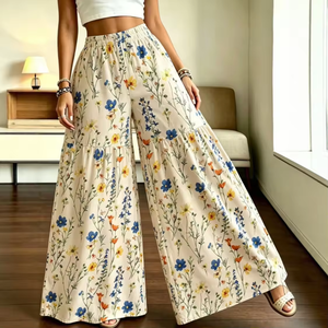 Pantalon large à imprimé floral, taille haute, coupe ample, en mélange de mousseline, décontracté, pour l'été - Product Image 3
