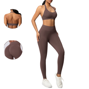 Ensemble de yoga 2 pièces pour femme, couleur unie, soutien-gorge de sport dos nu, leggings taille haute pleine longueur, sans couture, extensible dans les quatre sens, respirant - Product Image 1