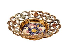Cuenco Decorativo de Latón con Diseño Floral, Acabado Dorado, Esmalte Multicolor, Base en Forma de Hoja de Loto - Product Image 5