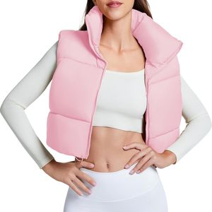 Chaleco Acolchado Rosa para Mujer con Cuello Alto y Cierre de Cremallera, Prenda Exterior Informal sin Mangas, Color Sólido, Ligero y Resistente al Viento - Product Image 4