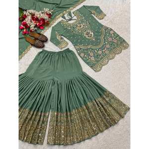 Conjunto de Fiesta Verde para Mujer, Diseño Maruti, Top, Sharara, Plazzo, Dupatta, Talla M - Product Image 2
