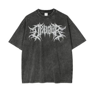 T-shirt décontracté pour homme en coton tricoté 100 % délavé à l'acide, respirant, 120 g, à manches courtes, avec poche avant, col rond, coupe oversize et imprimé vintage - Product Image 1