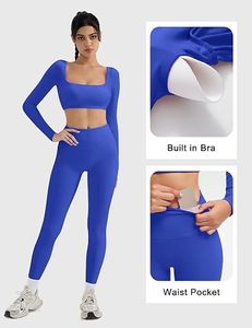 Seamless Yoga Set <b>Women</b> High Waist <b>Leggings</b> Crop Top Full Sleeve Sport Wear Two Piece Gym Outfit Stretchable Activewear - Product Image 4