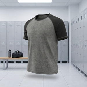 Men's Gray Black Raglan Sleeve O-Neck Regular Fit Quick Dry Knitted Casual T-<b>Shirt</b> 100% Cotton 180g - Product Image 3