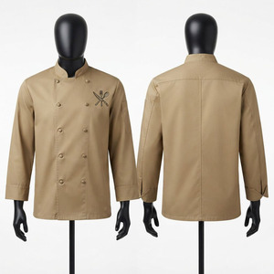 Veste de chef pour homme, polycoton premium, sergé 220 GSM, kaki, double boutonnage, col mandarin, manches longues, broderie personnalisée du logo, vêtements de travail - Product Image 1