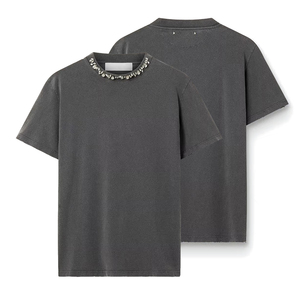 Camiseta de algodón y poliéster de manga corta con cuello redondo para mujer, lavado ácido, ajuste regular, informal, transpirable, de secado rápido, con pedrería, ideal para verano. - Product Image 1