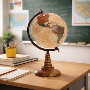 Globo Terráqueo de Madera Natural con Diseño Antiguo y Marco Metálico |   Decoración de Escritorio Educativa de Geografía para el Hogar, Oficina y Escuela - Product Image 4