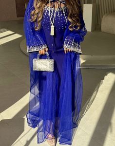 AWAIS HOUSE Muslim Plus Size Ethnic <b>Kaftan</b> Women Hand Beaded <b>Sequined</b> Taffeta Fused Lightweight Floor Length High Neck Long - Product Image 3