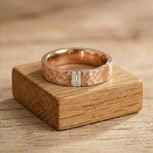 Unisex Hammered Finish Baguette Cut Lab Grown Wedding <b>Stacking</b> Band in Solid Gold Classic Handmade Matching <b>Ring</b> for Him or Her - Product Image 2