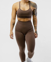 Set Yoga 2 Potong Wanita Warna Cokelat Solid Buatan Khusus, Atasan Crop Top Racerback, Legging Pinggang Tinggi Tanpa Jahitan, Bahan Spandex Polyester Panjang Penuh