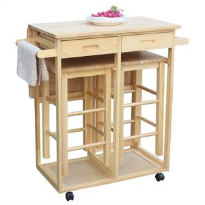 Carrello da Cucina Moderno Pieghevole in Legno Massello con 2 Sgabelli Gratuiti, Colore Naturale - Product Image 4