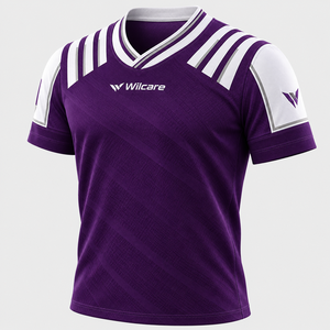 เสื้อกีฬาผู้ชายวิลแคร์สีม่วงลายแถบสีขาว เสื้อโพลีเอสเตอร์ระบายอากาศได้ดี แขนสั้น สำหรับผู้ใหญ่ เสื้อกีฬาสีม่วง - Product Image 1