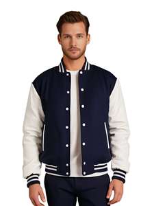 Men's Navy White Varsity Jacket Preppy Style Regular Fit Polyester Cotton <b>Covered</b> <b>Button</b> Breathable Letter Print Winter Wear - Product Image 2
