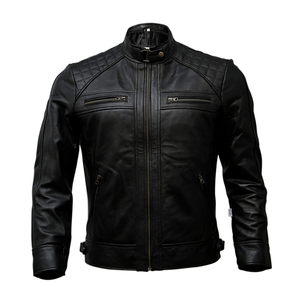 Veste de moto en cuir véritable noir pour homme, col montant, fermeture éclair, coupe ajustée, longueur normale, couleur unie, style motard - Product Image 4