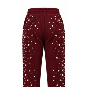 Burgundy Pearl Beaded <b>Jogger</b> Pants <b>Women</b> Luxury Embellished Drawstring Sweatpants Casual Streetwear Fleece Trousers With Pockets - Product Image 4