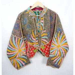 Best Selling Handmade beautiful Cotton Kantha <b>Jacket</b> with <b>Mandarin</b> <b>Collar</b> and Logo for Women Wholesale Price From India - Product Image 1