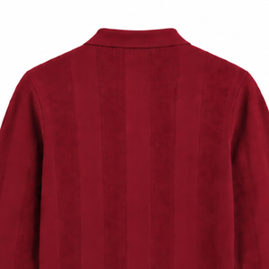 Pull polo pour homme rouge rubis à manches longues, design en tricot texturé à rayures verticales, poignets côtelés, pull décontracté de qualité supérieure - Product Image 4