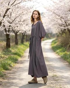 Premium Grey O-Neck Plain Maxi Linen <b>Dress</b> With Tie Front Drop Shoulder <b>Loose</b> Fit Casual Summer Solid Color <b>dress</b> For Women - Product Image 2
