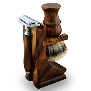 Soporte de acero inoxidable de doble hoja de madera para maquinilla de afeitar con juego de maquinilla de afeitar de seguridad y brocha de afeitar para hombres, herramientas de aseo para barberos - Product Image 1