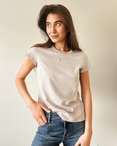 T-shirt à manches courtes pour femme, gris clair, col rond, coupe classique, couleur unie, style décontracté, 100% coton, jersey respirant - Product Image 3