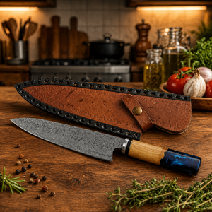 Custom Handmade Extra <b>Sharp</b> Chef <b>Knife</b> Forged Damascus Steel Wood Handle Leather Sheath 8in Blade Ambidextrous Modern - Product Image 1