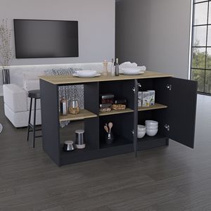 Black/Macadamia Kitchen Island with Large Countertop Double Door Cabinet <b>Open</b> <b>Storage</b> Shelves - Product Image 6