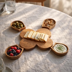 Floral Shape Wooden <b>Serving</b> Platter <b>Set</b> With Dip Bowls For Modern Snack <b>Serving</b> Platter Stylish Tableware And Home Parties - Product Image 5