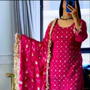 Robes indiennes traditionnelles pour l'Aïd, Kurti cousues, haut en pure soie Chinon, Plazzo, Dupatta, prix de gros. - Product Image 4