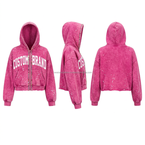 Sudadera con capucha unisex personalizada de marca, estilo vintage, con cremallera, lavado ácido, oversize, corta, estilo streetwear, con estampado de letras - Product Image 3