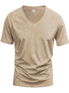 Men's V-Neck Short Sleeve Solid Knitted Casual Breathable T-Shirt Regular Fit Beige 100% Cotton Knitted Jersey Fabric 180g - Product Image 2