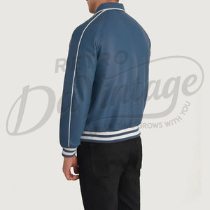 Men Blue Genuine Leather Bomber <b>Jacket</b> with White Racing Stripes and Contrast Ribbed Cuffs <b>Slim</b> <b>Fit</b> Sporty Outwear - Product Image 2
