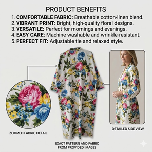 Kimono Orgánico de Algodón Gris con Diseño Floral Tejido a Mano |   Bata de dormir con cuello en V, manga larga y bolsillos |   Bata de Salón Sostenible con Cordón Ajustable - Product Image 3