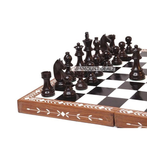 Handcrafted <b>Wooden</b> <b>Chess</b> <b>Set</b> With Bone Inlay Border And Carved Pieces Elegant Folding Board Game & Strategy For Family Enjoyment - Product Image 2