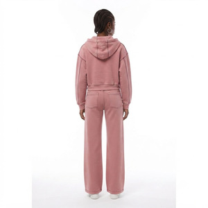 Ensemble survêtement femme : sweat à capuche court et pantalon de jogging long 100 % coton, coupe ample, fermeture éclair intégrale, style décontracté - Product Image 5