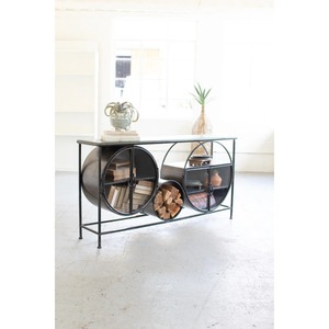 โต๊ะคอนโซลอุตสาหกรรมสมัยใหม่สีดำเหล็กดัด พร้อมดีไซน์ที่เก็บของทรงกลมแบบมีเอกลักษณ์ และที่วางไม้ซุงแบบเปิด สำหรับใช้ในโรงแรม - Product Image 4