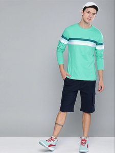 Chemise décontractée à manches longues rayée vert menthe pour homme, col tricoté sans col, idéale pour l'été - Product Image 3