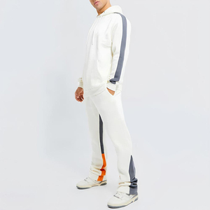 Ensemble de survêtement pour homme à blocs de couleur, à capuche, manches longues, avec cordon de serrage, vêtements de sport décontractés, pantalon blanc, gris, orange, coupe régulière, automne - Product Image 1