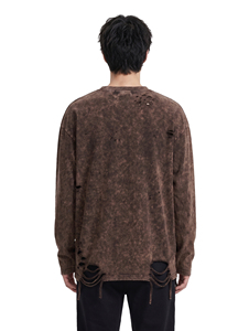 เสื้อยืดแขนยาวผู้ชายไซส์ใหญ่ สไตล์ดิสเทรส สตรีทแวร์ ผ้าฝ้าย 100% คอกลม ไหล่ตก - Product Image 2
