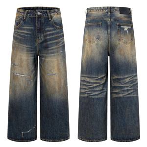 Vintage Wash Wide Leg Denim Jeans High Waist Ripped Distressed Cotton Loose Fit Men's Autumn Style Pants - Product Image 5