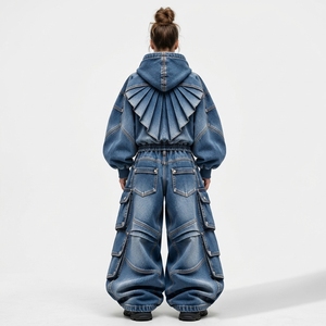 <b>Womens</b> Blue Washed Denim Hoodie And <b>Baggy</b> Cargo <b>Jeans</b> Set Oversized Drawstring Sweatshirt Multi Pocket Streetwear Custom OEM - Product Image 2