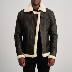 Veste en cuir véritable pour homme, style motard, avec doublure en fausse fourrure, coupe-vent, manteau d'hiver, fermeture éclair - Product Image 1