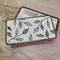Boîte à bijoux en tissu brodée à la main avec motif de feuilles, cadre en bois, conteneur de rangement rectangulaire, style anniversaire, cadeaux à transfert thermique