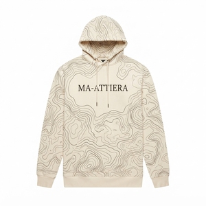 Sweat-shirt à capuche pour homme en crème avec motif de lignes topographiques, poche kangourou, streetwear personnalisé - Product Image 4