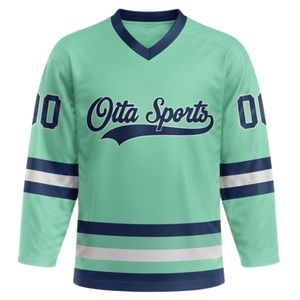 Conjunto de Camiseta y Pantalones Cortos de Hockey sobre Hielo Sublimados en Verde Menta para Hombre, Cuello en V, Rayas, Poliéster, Uniforme Deportivo - Product Image 3