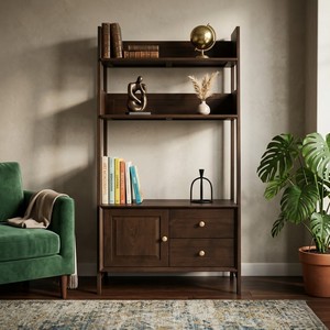 Librería Moderna de Mediados de Siglo con Gabinete y Cajones, Mueble de Almacenamiento Independiente de 3 Niveles para Sala de Estar, Color Marrón Oscuro - Product Image 1