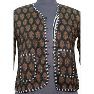 Handmade <b>Quilted</b> Short Cotton Block Print Floral Print Long Sleeve Button Stripe Women's Autumn Winter <b>Jackets</b> - Product Image 4