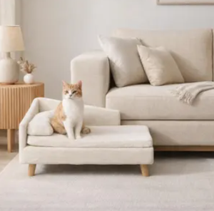 Lit pour chat et chien minimaliste moderne d'intérieur, en mousse à mémoire de forme, en peluche, avec pieds en bois, portable, pour salon et chambre, emballé en carton - Product Image 2