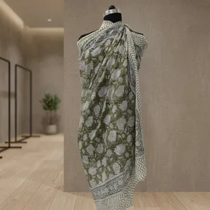 Olive Green Floral Hand Block Printed Cotton Sarong Scarf with Chevron Border Lightweight <b>Beach</b> <b>Wrap</b> Stole for Women - Product Image 6